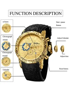 Gedetailleerd functioneel diagram van BIDEN herenhorloge met 3D-draakontwerp en kwarts