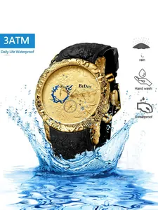 Luxe BIDEN herenhorloge met 3D-draakgravure, 3ATM waterbestendig, zwarte siliconen band