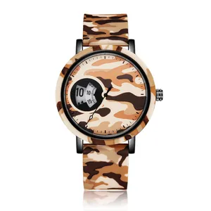 Detail of camouflage sports watch with silicone strap and unique dial design