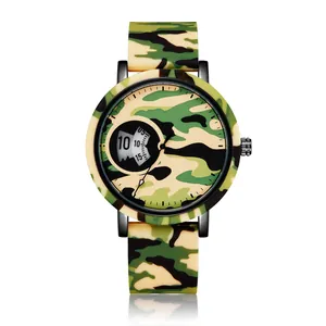 Detailed shot of a trendy unisex camouflage sports watch featuring a green silicone strap.