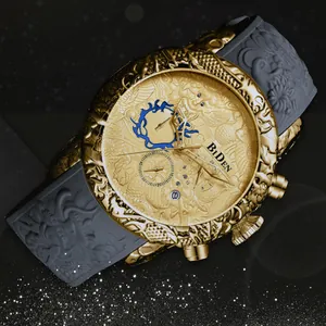BIDEN Heren Chronograaf Horloge 3D Draak Ontwerp Waterdicht Quartz Horloge Met Zwart Goud Siliconen Band Sport Mode Polshorloge