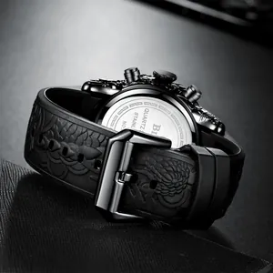 Luxe heren chronograaf horloge met 3D draak siliconen band en quartz uurwerk.