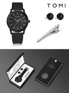 Coffret cadeau montre noire minimaliste TOMI avec boutons de manchette et pince à cravate