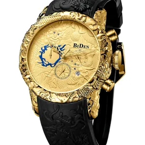 BIDEN Heren Luxe Chronograaf Quartzhorloge met 3D Draaksnijwerk en Siliconen Horlogeband