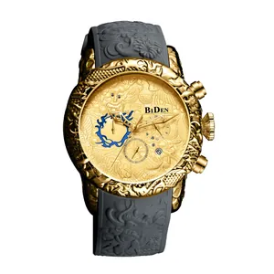 BIDEN heren kwarts chronograaf horloge met 3D draak ontwerp en grijze siliconen band