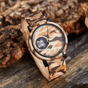 Fashionable desert camouflage sports watch with dual analog-digital display and silicone strap
