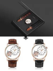 Set regalo orologio al quarzo TOMI da uomo con cinturini intercambiabili in pelle marrone e nera