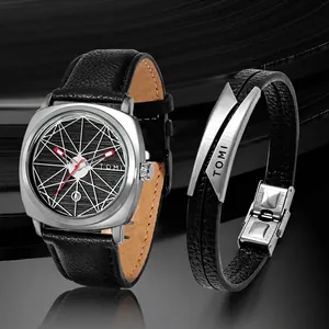 TOMI Reloj de Cuarzo Retro con Esfera Cuadrada para Hombre con Diseño Geométrico Ventana de Calendario Correa de Cuero Artificial