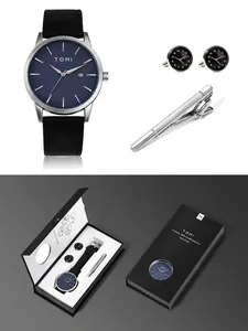 Détail du coffret montre minimaliste TOMI avec boutons de manchette et pince à cravate