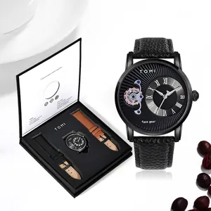 Set regalo orologio al quarzo TOMI da uomo con cinturini in pelle neri e marroni