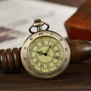 Elegant vintage bronze quartz pocket watch featuring Roman numerals on rustic wood