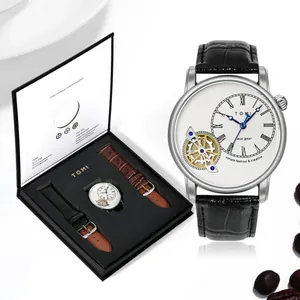 Orologio al Quarzo da Uomo TOMI Serie Face Gear Cinturino in Pelle Impermeabile Cassa in Lega Numeri Romani Orologio da Polso