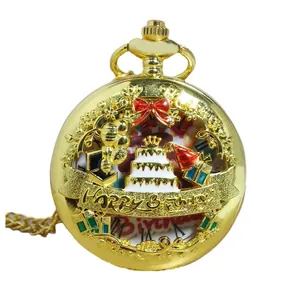 Vintage gouden quartz zakhorloge met Happy Birthday taart en cadeau reliëfontwerp