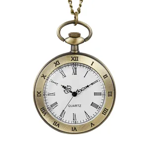 Vintage quartz pocket watch with antique bronze finish and white Roman numeral dial.
