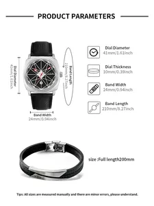 Especificaciones detalladas del reloj de cuarzo cuadrado TOMI y la pulsera de cuero a juego.