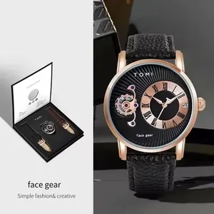 Orologio al quarzo da uomo TOMI Face Gear con cinturino in pelle nera e cassa oro rosa