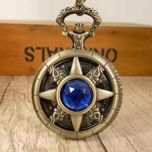 Close-up of retro bronze pocket watch with large blue gemstone and hollow star cover.