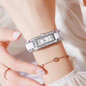 Labaoli elegant rectangular quartz watch with rhinestone bezel and ceramic link bracelet.
