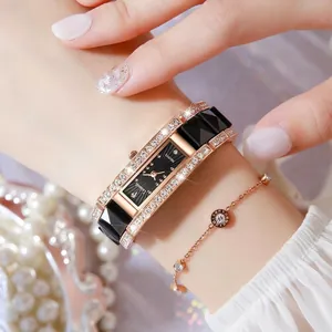 Labaoli elegant rose gold square women's watch with crystals and black ceramic strap