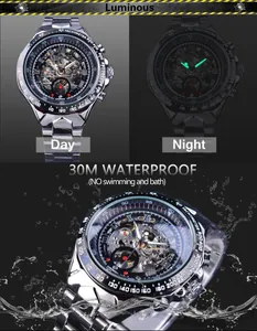 Detail der mechanischen Forsining-Herrenuhr mit leuchtendem Zifferblatt und 30M Wasserdichtigkeit