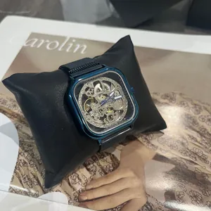 Macro detail of Forsining men's square skeleton automatic mechanical watch in blue