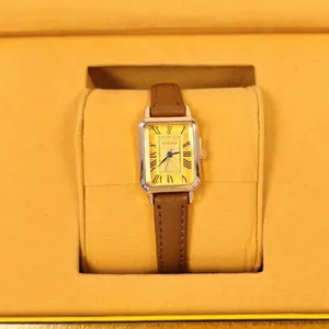 Elegant LUCKYFOX vintage rectangular women's quartz watch with brown leather strap.