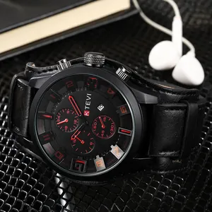 Close-up detail of black and red tactical men's sport watch with wide leather strap