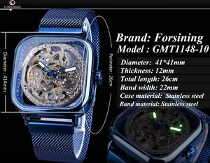 Detailed view of Forsining blue skeleton automatic mechanical watch features and size.