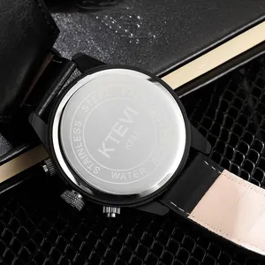 Macro view showing the stainless steel back case and engraving of KTEVI sports watch