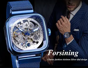 Close-up of Forsining blue skeleton automatic mechanical watch with mesh strap.