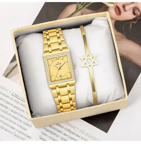 WWOOR goldene quadratische Quarzuhr Set mit Diamantlünette und Davidstern Armband