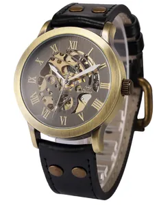 Reloj mecánico automático esqueleto para hombre en bronce con correa de cuero