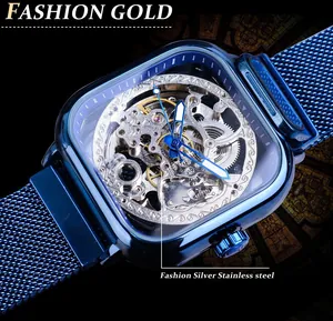 Close-up detail of Forsining skeleton automatic mechanical watch movement in blue case.