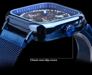 Detail showing the classic non-slip crown on a blue skeleton automatic mechanical watch