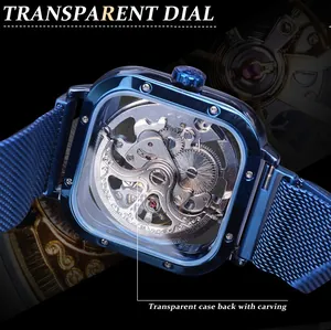 Detailed macro view of Forsining automatic watch with transparent engraved case back.