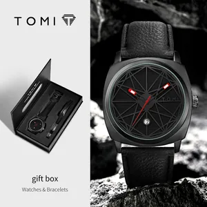 Primer plano del reloj de cuarzo cuadrado TOMI y set de pulsera en caja de regalo premium