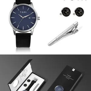 TOMI Coffret Cadeau Montre Minimaliste Pour Hommes Femmes Montre à Quartz Littéraire Avec Calendrier Bracelet en Cuir Boutons de Manchette Pince à Cravate