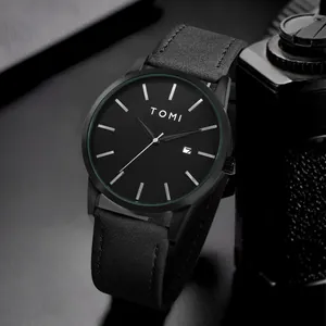 Montre à quartz TOMI noire minimaliste élégante avec bracelet cuir et guichet date