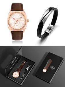 Elegante set regalo TOMI reloj de cuarzo cuadrado para hombre y pulsera de cuero con caja premium