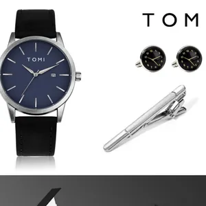 Coffret cadeau montre TOMI minimaliste avec cadran bleu, boutons de manchette