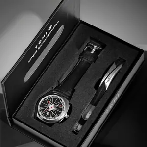 Elegante set de reloj de cuarzo TOMI con esfera geométrica y pulsera de cuero a juego en caja