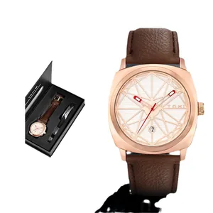 Reloj de cuarzo retro TOMI con caja cuadrada de oro rosa y correa de cuero marrón