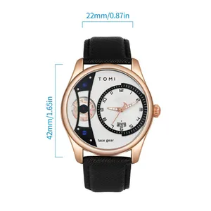 TOMI minimalistische Herrenuhr mit schwarzem Lederarmband und roségoldenem Gehäuse