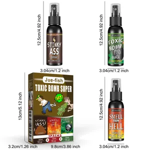 Detailed dimensions of 3-pack prank fart spray set with 30ml bottles