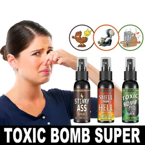Detail of three prank fart sprays with a woman reacting to the unpleasant smell