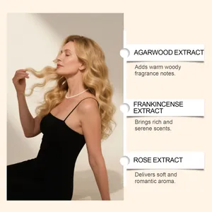 Detail of fragrance ingredients showing agarwood, frankincense, and rose extracts