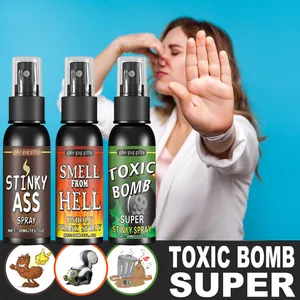 Close-up of three prank fart sprays including Toxic Bomb and Smell from Hell scents