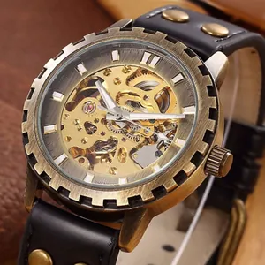 Men's Skeleton Automatic Mechanical Watch Bronze Gear Bezel Vintage Steampunk Business Wristwatch With Leather Rivet Strap