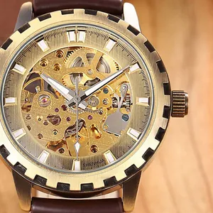 Detailed macro view of Shenhua bronze gear skeleton automatic mechanical watch movement