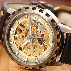 Macro detail of Shenhua bronze skeleton mechanical watch with gear-shaped bezel ring